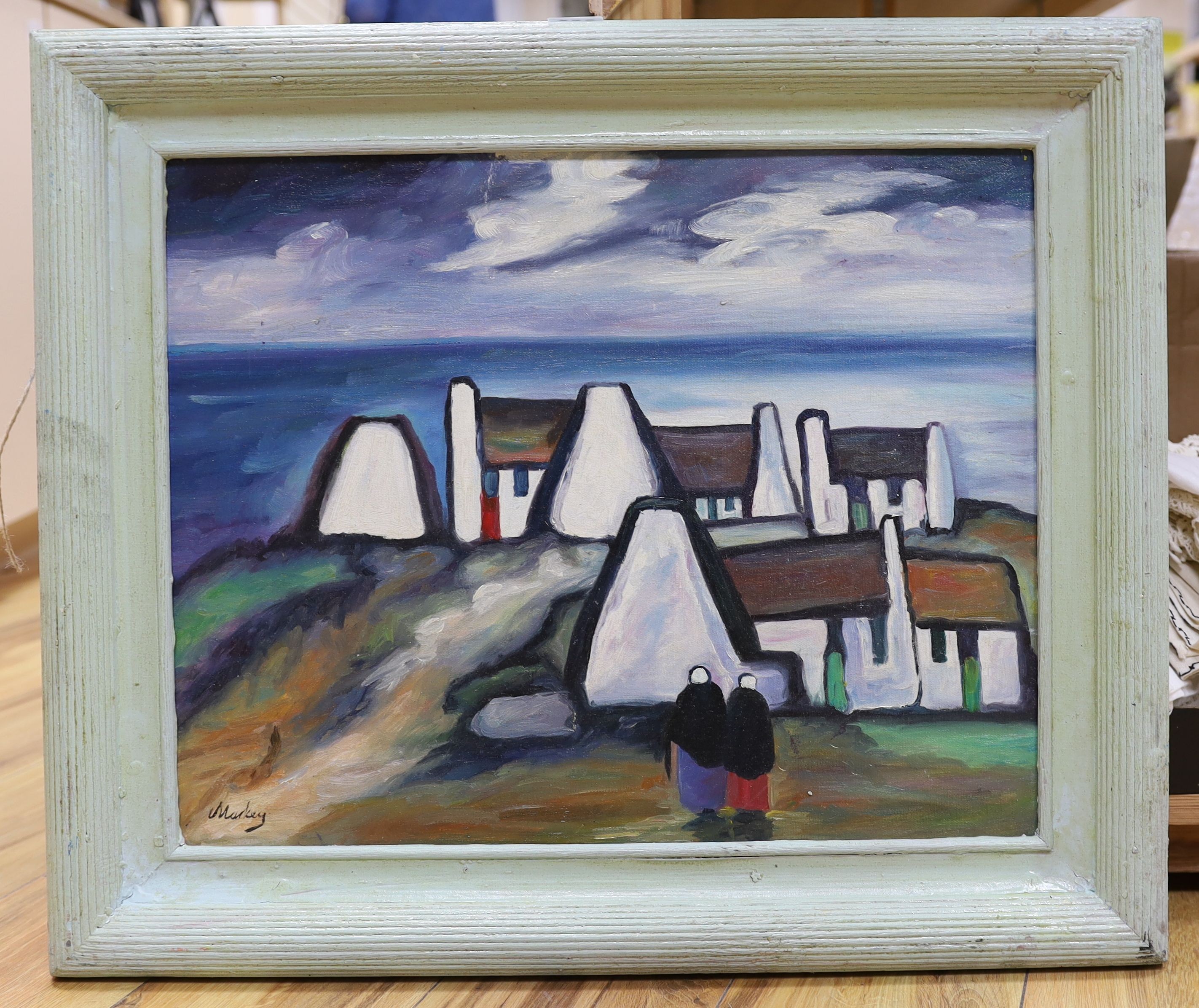 After Markey Robinson, oil on board, Figures beside cottages, bears signature, 40 x 50cm